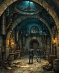 GRID THUMBNAIL — Two armoured knights stand in a torchlit stone dungeon beneath a circular oculus, surrounded by chains, barrels, stairs, and arcane machinery.