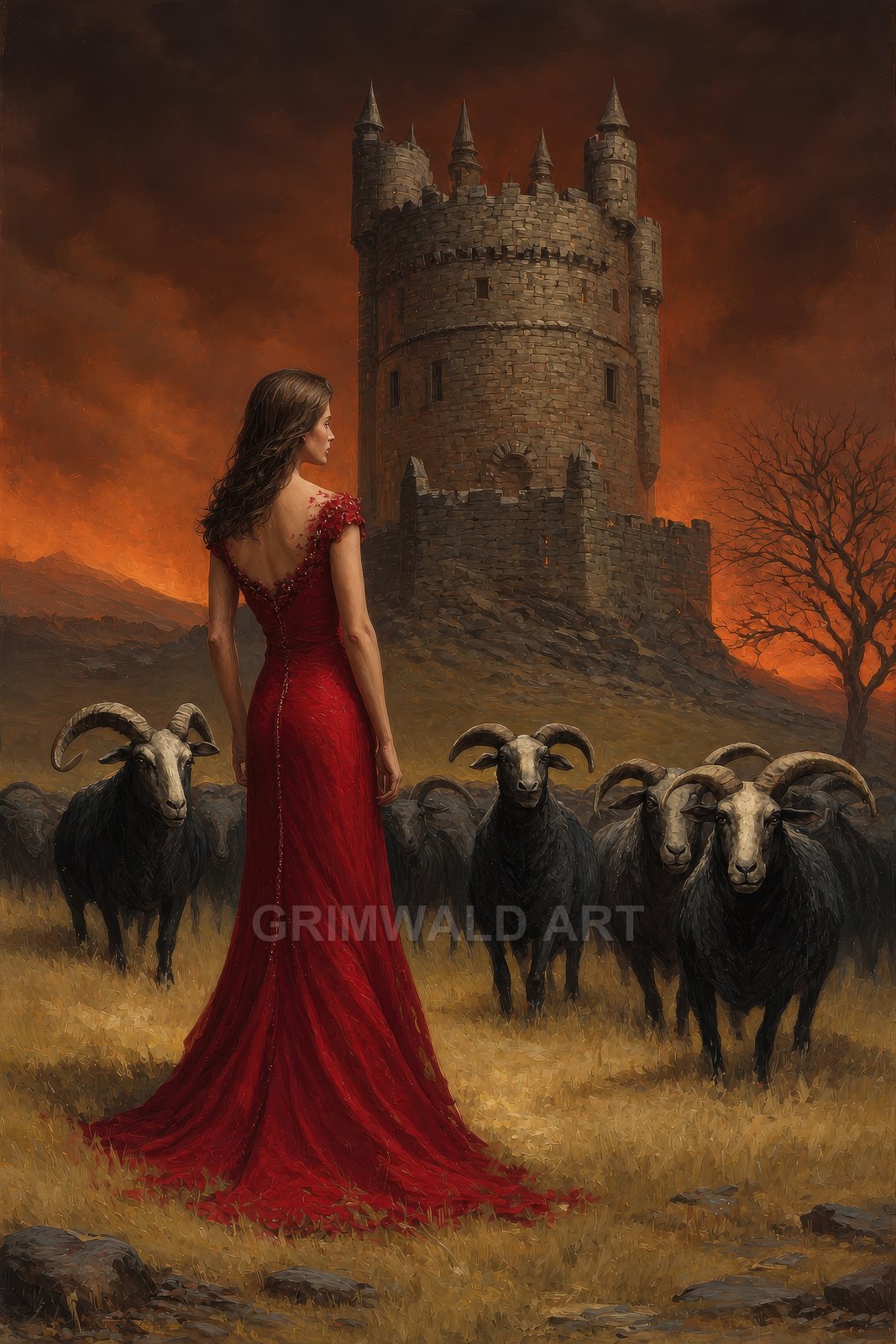 A woman in a red gown stands among black-horned sheep before a round stone castle tower under a fiery orange sunset sky.
