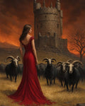 GRID THUMBNAIL — A woman in a red gown stands among black-horned sheep before a round stone castle tower under a fiery orange sunset sky.