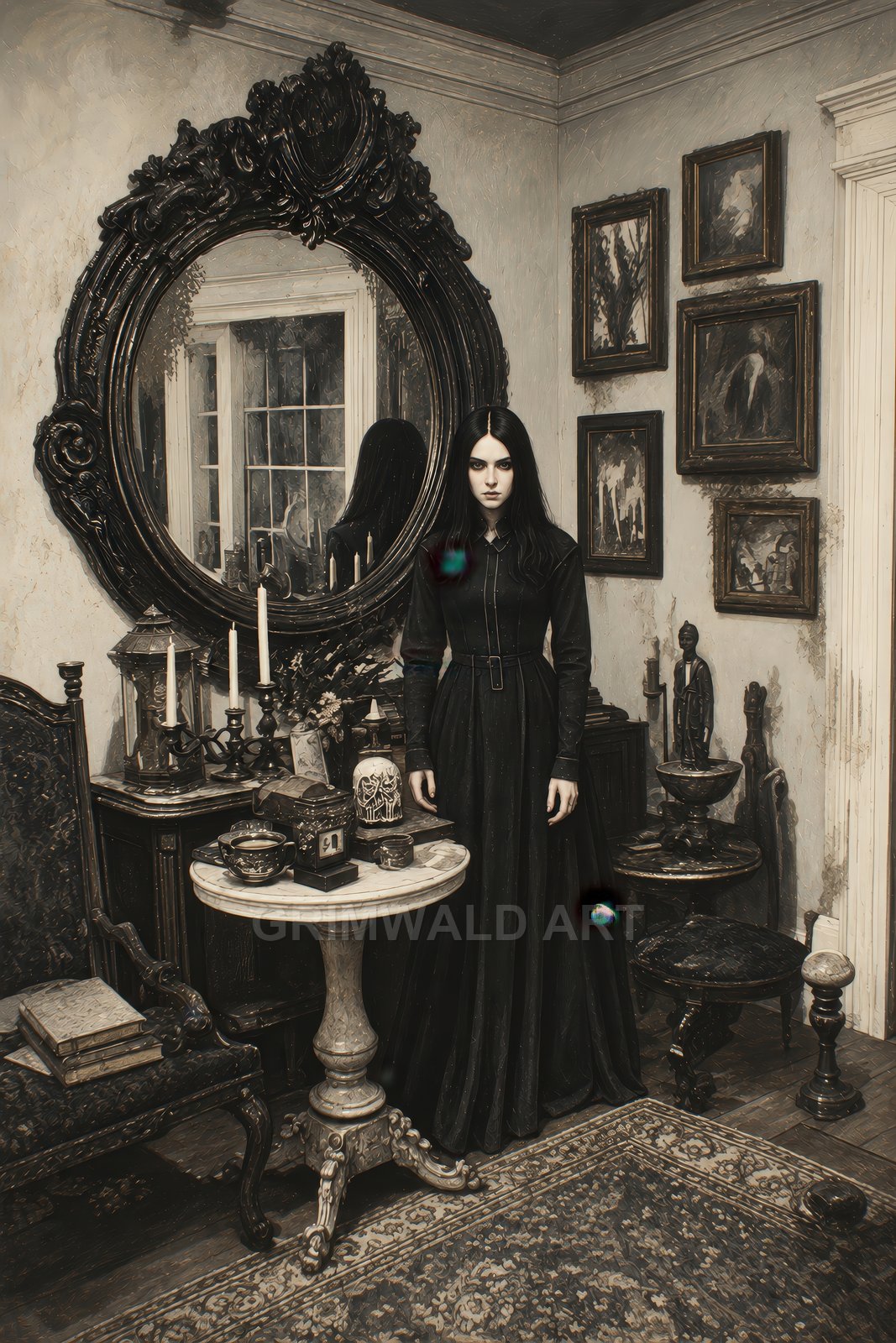 A pale woman in a long black dress stands in a Victorian parlour with ornate mirror, candelabra, antique tables and framed paintings.