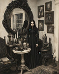 GRID THUMBNAIL — A pale woman in a long black dress stands in a Victorian parlour with ornate mirror, candelabra, antique tables and framed paintings.