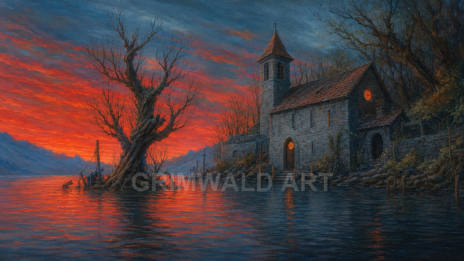 Moody lakeside scene with a stone chapel and glowing windows, gnarled tree in water, fiery orange sunset sky reflected across calm ripples.