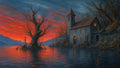 GRID THUMBNAIL — Moody lakeside scene with a stone chapel and glowing windows, gnarled tree in water, fiery orange sunset sky reflected across calm ripples.