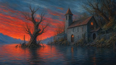 GRID THUMBNAIL — Moody lakeside scene with a stone chapel and glowing windows, gnarled tree in water, fiery orange sunset sky reflected across calm ripples.