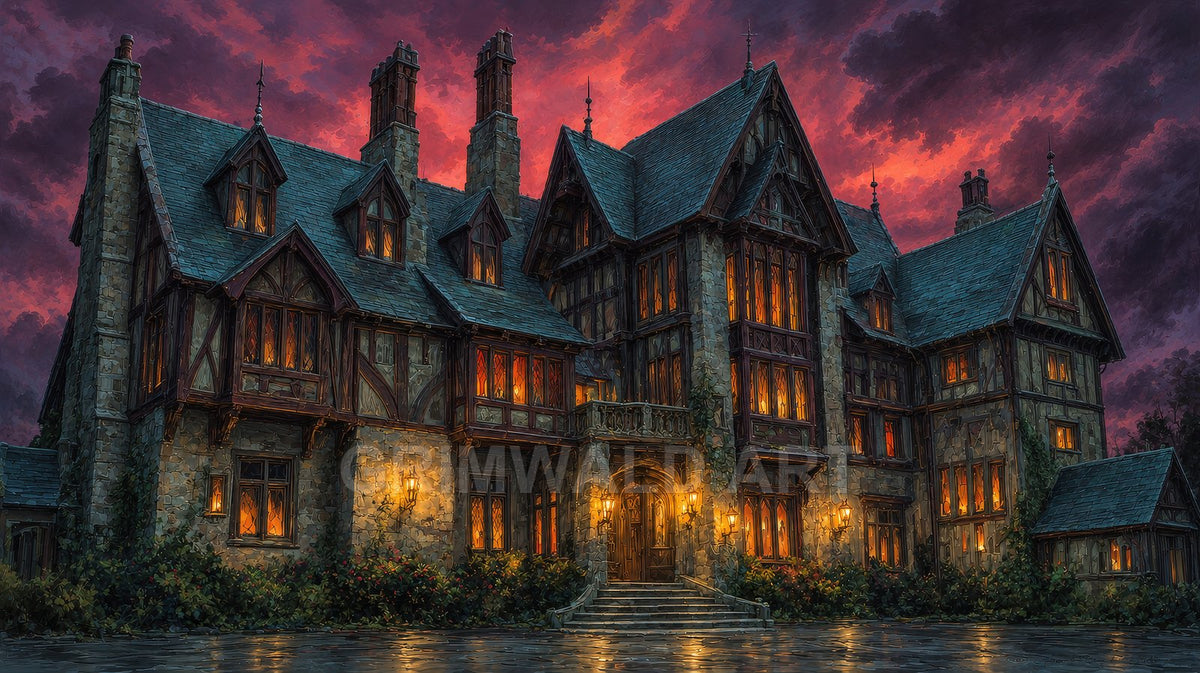 Large gothic manor house with glowing windows at twilight, ivy-clad stone walls, wet reflective paving, and dramatic purple-red storm clouds overhead.
