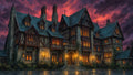 GRID THUMBNAIL — Large gothic manor house with glowing windows at twilight, ivy-clad stone walls, wet reflective paving, and dramatic purple-red storm clouds overhead.