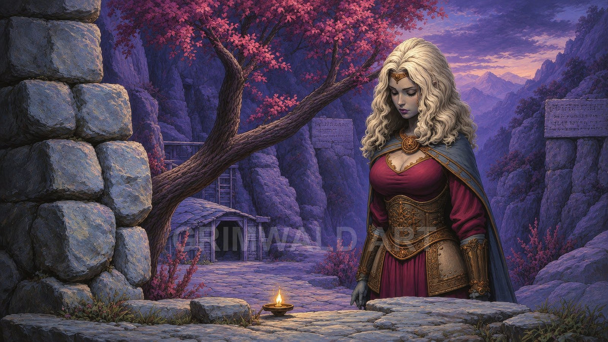 A blonde armoured woman stands by stone ruins under a pink-leaved tree in a mountainous valley at twilight, beside a small burning lamp.