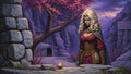 GRID THUMBNAIL — A blonde armoured woman stands by stone ruins under a pink-leaved tree in a mountainous valley at twilight, beside a small burning lamp.