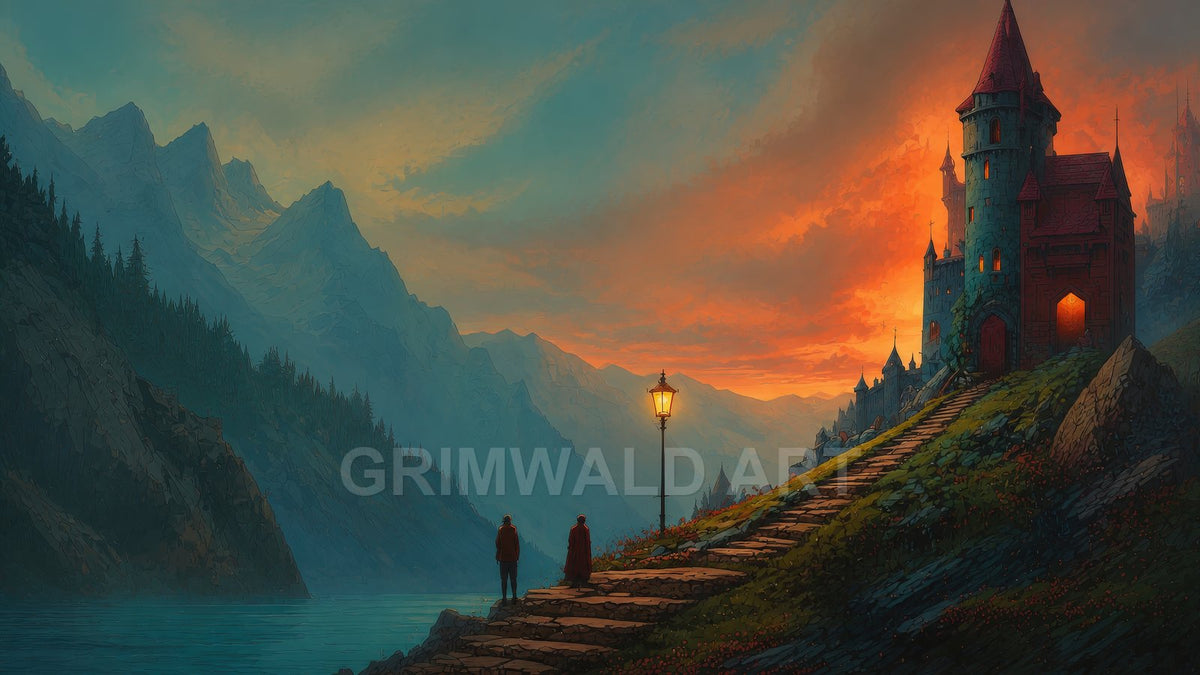 Turreted castle above stone steps at sunset, lamplit path beside tranquil mountain lake, blue pine-covered peaks receding into distance.