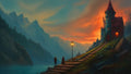 GRID THUMBNAIL — Turreted castle above stone steps at sunset, lamplit path beside tranquil mountain lake, blue pine-covered peaks receding into distance.