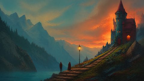 GRID THUMBNAIL — Turreted castle above stone steps at sunset, lamplit path beside tranquil mountain lake, blue pine-covered peaks receding into distance.
