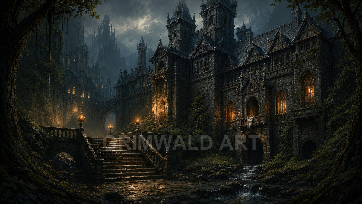 Gothic stone castle with glowing windows and lamplit stairs beside a cascading stream, nestled in dark forested mountains under a brooding sky.
