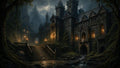 GRID THUMBNAIL — Gothic stone castle with glowing windows and lamplit stairs beside a cascading stream, nestled in dark forested mountains under a brooding sky.