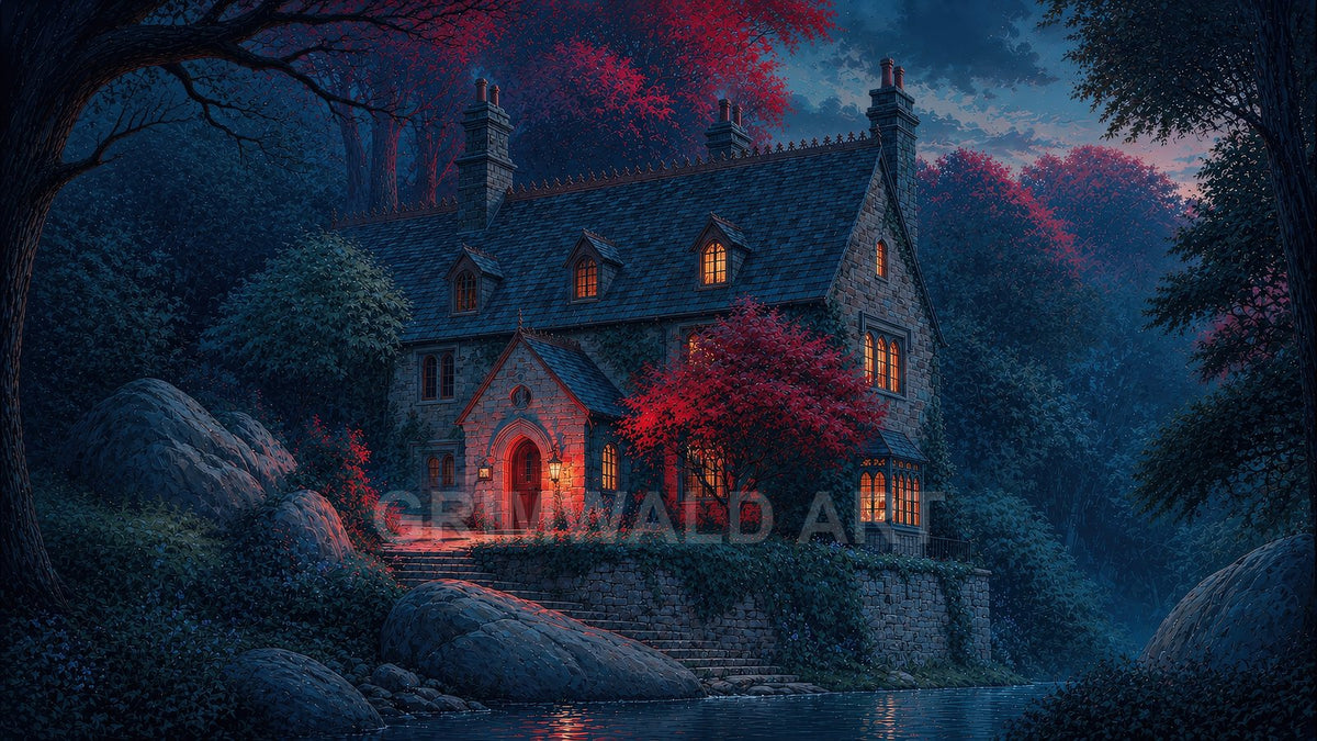 A lamplit stone cottage with steep slate roof beside a calm river, nestled in a dense twilight forest and crimson-leaved trees.