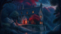 GRID THUMBNAIL — A lamplit stone cottage with steep slate roof beside a calm river, nestled in a dense twilight forest and crimson-leaved trees.