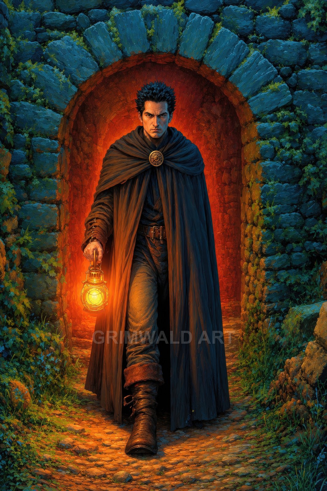 A stern cloaked man carries a glowing lantern through a vine-clad stone archway, warm firelight contrasting with cool blue masonry at night.