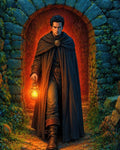 GRID THUMBNAIL — A stern cloaked man carries a glowing lantern through a vine-clad stone archway, warm firelight contrasting with cool blue masonry at night.