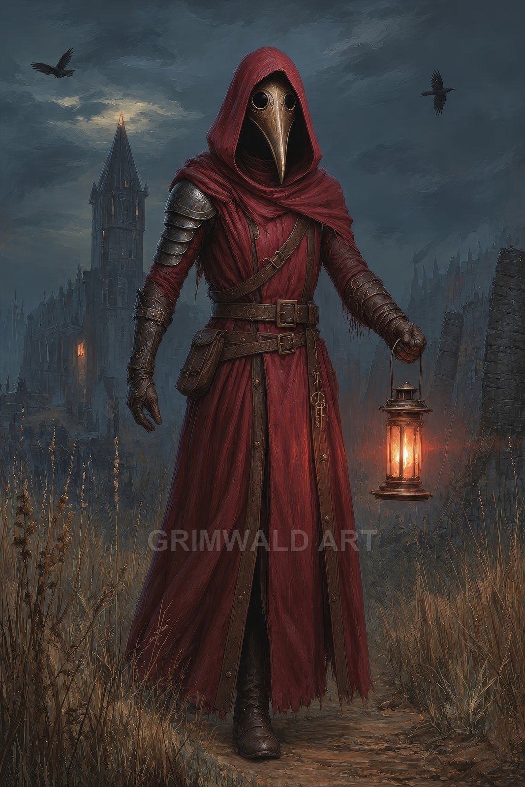 A plague doctor in a red hooded cloak holds a glowing lantern amid ruined city walls at night, crows circling, gothic atmosphere.