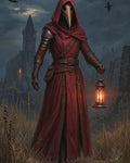 GRID THUMBNAIL — A plague doctor in a red hooded cloak holds a glowing lantern amid ruined city walls at night, crows circling, gothic atmosphere.