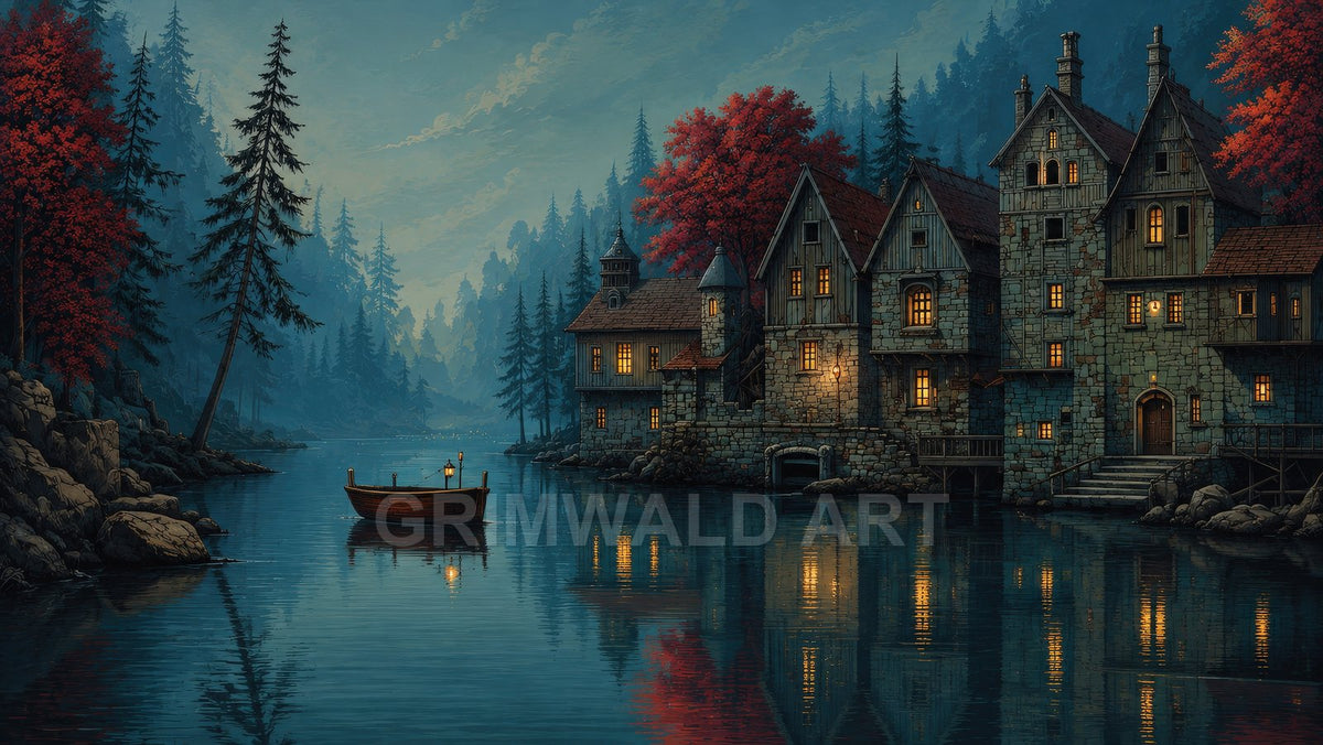 A misty riverside village with stone houses and glowing windows at twilight, a small wooden boat with lanterns drifting on calm blue water.