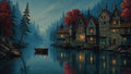 GRID THUMBNAIL — A misty riverside village with stone houses and glowing windows at twilight, a small wooden boat with lanterns drifting on calm blue water.