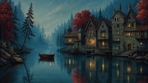 GRID THUMBNAIL — A misty riverside village with stone houses and glowing windows at twilight, a small wooden boat with lanterns drifting on calm blue water.