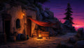 GRID THUMBNAIL — A weathered stone cottage with a red canopy and glowing lanterns beside a rocky coastal path at sunset, violet clouds reflecting on calm water.