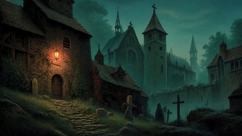GRID THUMBNAIL — Gothic stone abbey with spires and a lantern-lit doorway overlooks a misty graveyard beside high walls, under teal night fog.