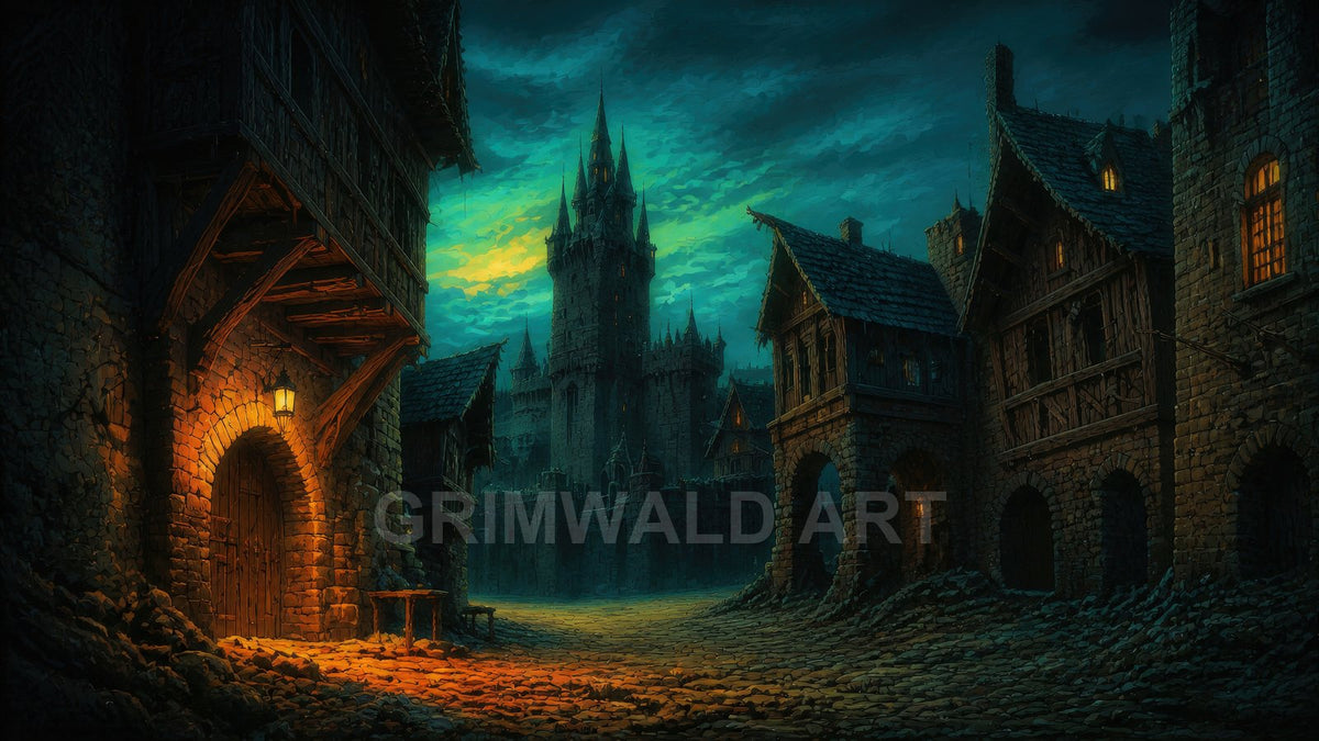 Deserted medieval street with lantern glow and timbered stone houses leading toward a towering spired castle beneath a turbulent teal twilight sky.