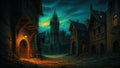 GRID THUMBNAIL — Deserted medieval street with lantern glow and timbered stone houses leading toward a towering spired castle beneath a turbulent teal twilight sky.
