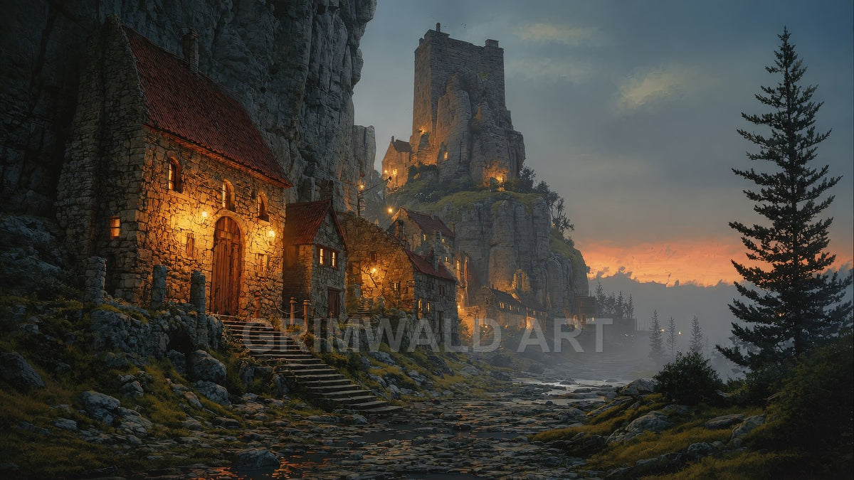 Lantern-lit stone cottages climb a rocky cliff toward a looming castle tower at sunset, with a shallow stream and pine trees in mist.
