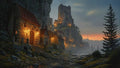 GRID THUMBNAIL — Lantern-lit stone cottages climb a rocky cliff toward a looming castle tower at sunset, with a shallow stream and pine trees in mist.