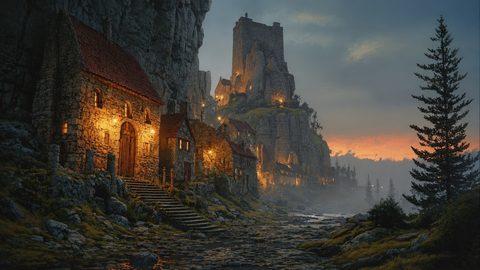 GRID THUMBNAIL — Lantern-lit stone cottages climb a rocky cliff toward a looming castle tower at sunset, with a shallow stream and pine trees in mist.