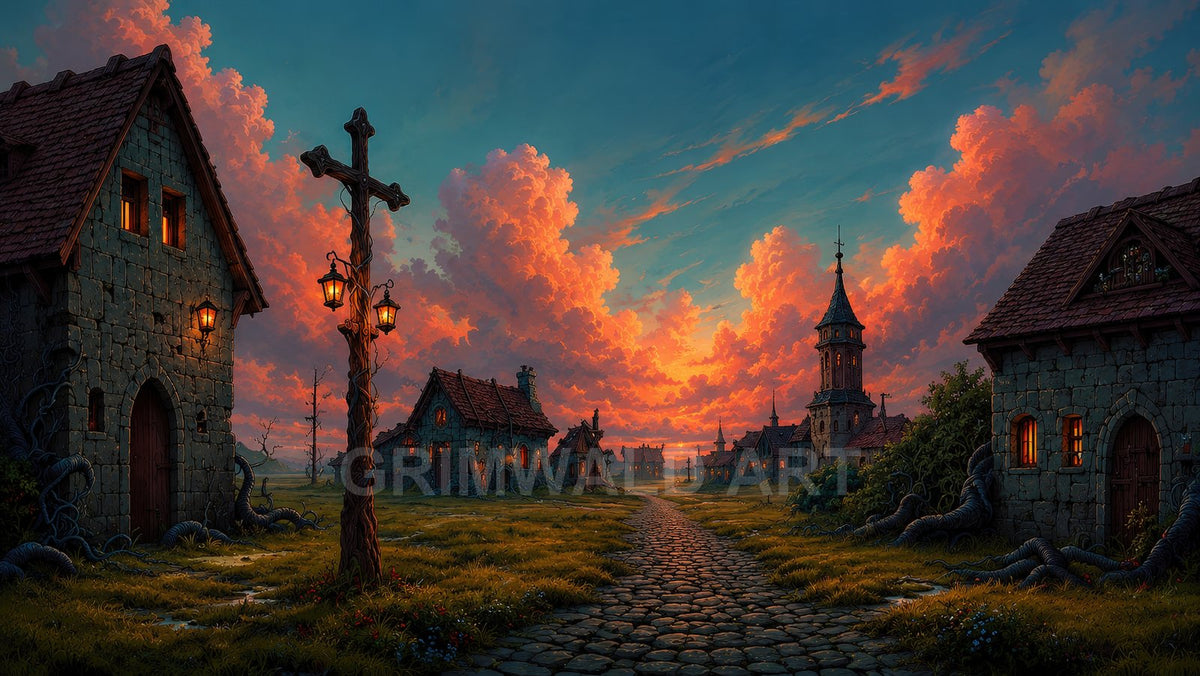 Cobblestone road through a lantern-lit medieval village, stone cottages and a distant tower beneath dramatic orange sunset clouds and deep blue sky.