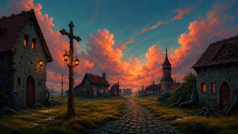 GRID THUMBNAIL — Cobblestone road through a lantern-lit medieval village, stone cottages and a distant tower beneath dramatic orange sunset clouds and deep blue sky.