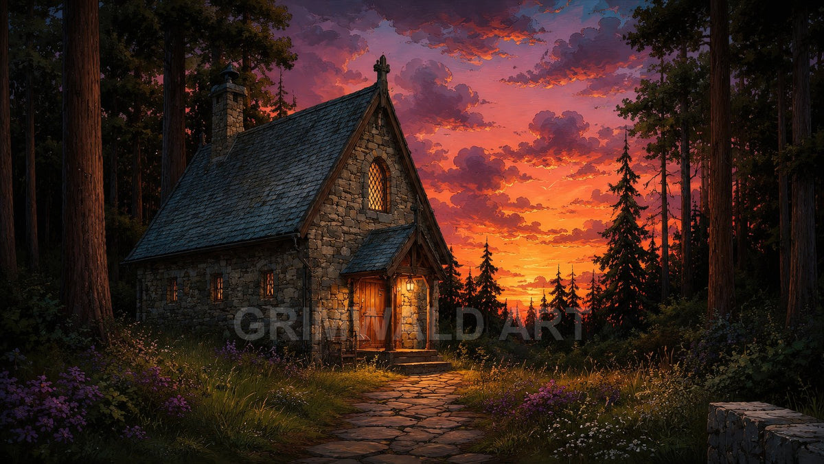 A small stone chapel glows with lantern light in a pine forest, a cobblestone path leading to the door beneath a vivid orange-purple sunset sky.