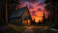 GRID THUMBNAIL — A small stone chapel glows with lantern light in a pine forest, a cobblestone path leading to the door beneath a vivid orange-purple sunset sky.