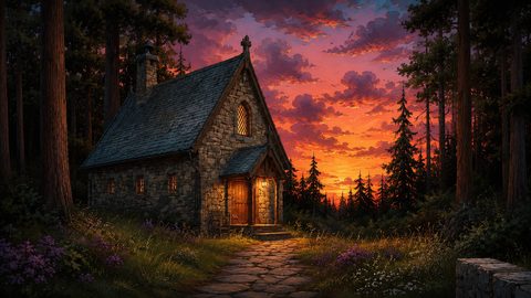 GRID THUMBNAIL — A small stone chapel glows with lantern light in a pine forest, a cobblestone path leading to the door beneath a vivid orange-purple sunset sky.