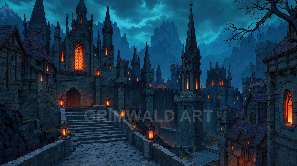 Gothic stone castle with glowing orange windows and lanterns at twilight, towering spires and steep steps amid mountains under a moody blue sky.