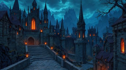 GRID THUMBNAIL — Gothic stone castle with glowing orange windows and lanterns at twilight, towering spires and steep steps amid mountains under a moody blue sky.