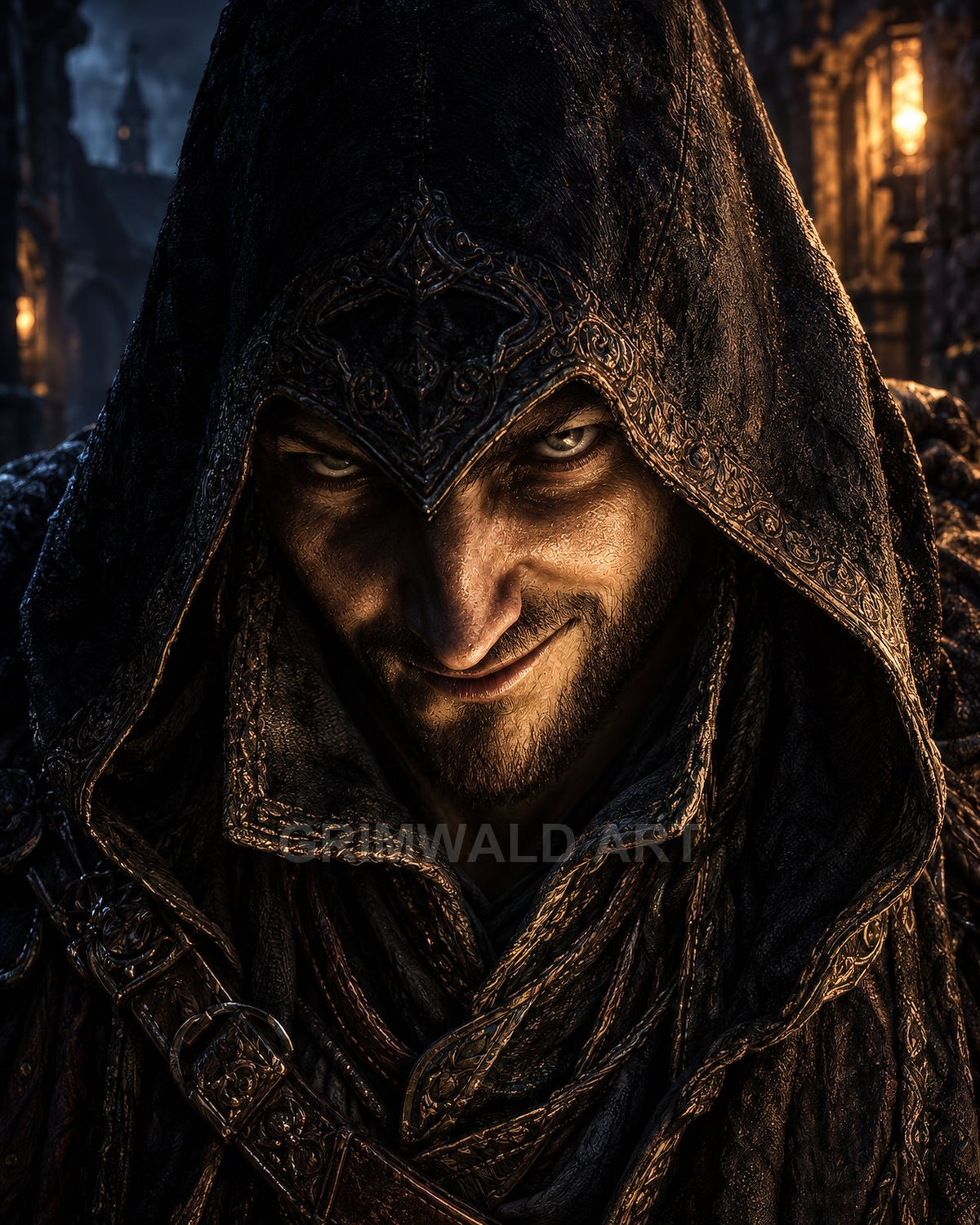 Close-up of a hooded man with a sinister grin, ornate embroidered hood and leather straps, lit by lanterns in a dark medieval city street.