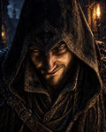 GRID THUMBNAIL — Close-up of a hooded man with a sinister grin, ornate embroidered hood and leather straps, lit by lanterns in a dark medieval city street.