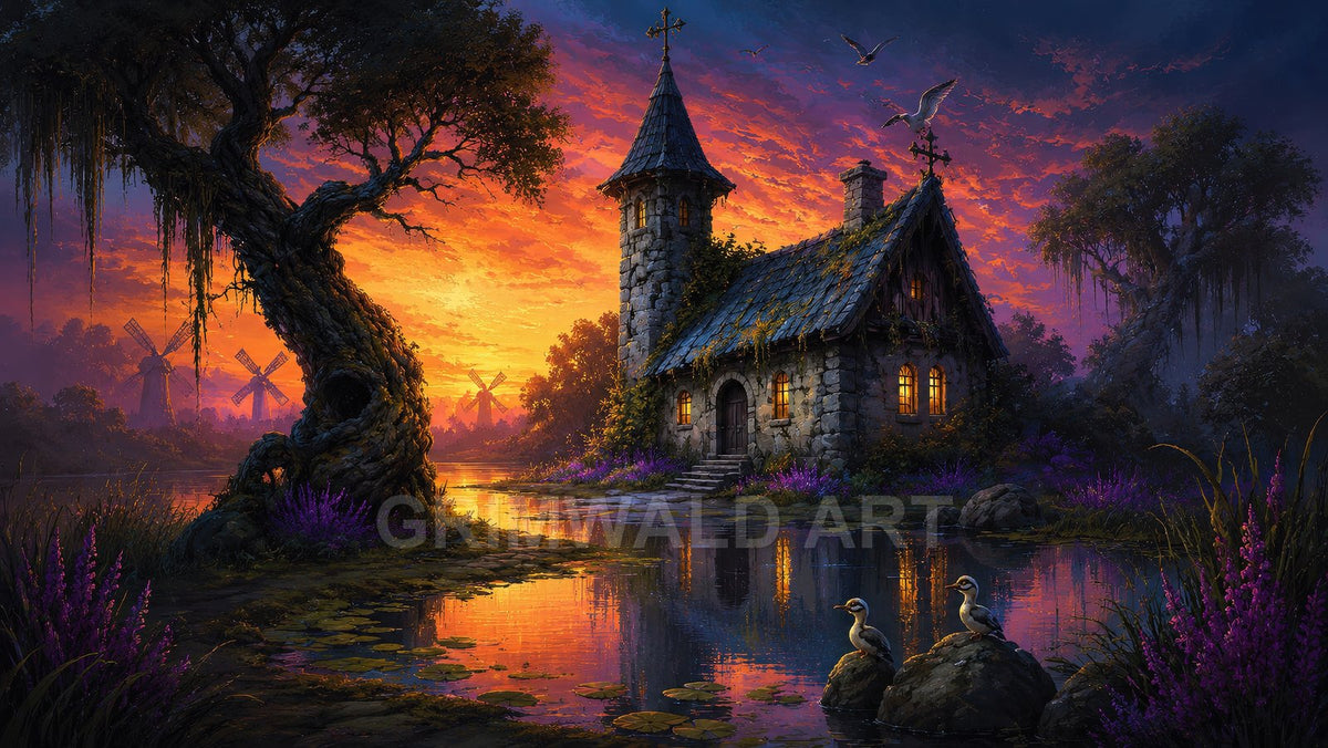 Stone cottage with spire by a calm lake at sunset, glowing windows, purple flowers, gnarled tree, windmills and ducks, vibrant orange sky.