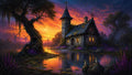GRID THUMBNAIL — Stone cottage with spire by a calm lake at sunset, glowing windows, purple flowers, gnarled tree, windmills and ducks, vibrant orange sky.