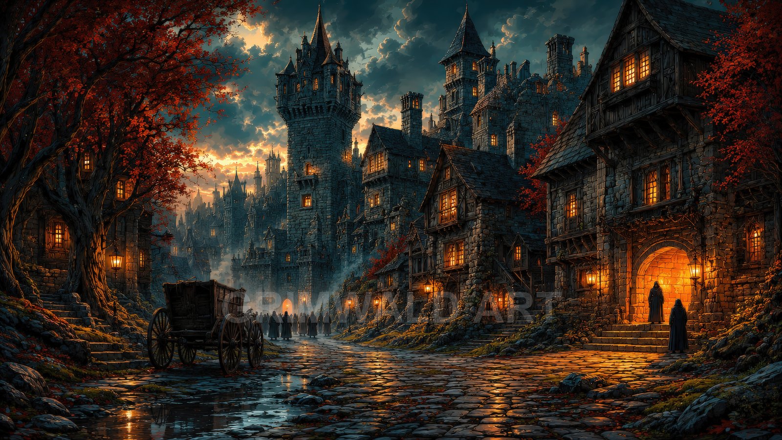 A misty medieval city street at twilight, lined with stone houses and towers, glowing lanterns, red autumn trees, and a wooden wagon.