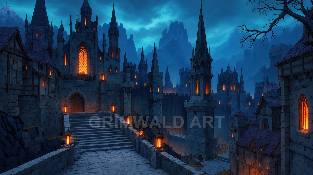 Gothic stone castle city with spires and battlements glows with orange lanterns at night, stone steps ascending amid walls, misty blue mountains behind.