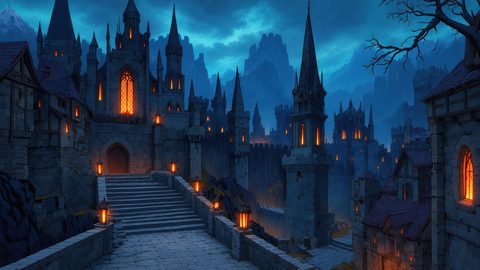 GRID THUMBNAIL — Gothic stone castle city with spires and battlements glows with orange lanterns at night, stone steps ascending amid walls, misty blue mountains behind.