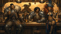 GRID THUMBNAIL — A lantern-lit medieval tavern interior where armoured adventurers share drinks at a wooden bar, with a map, bottles, and warm golden firelight.