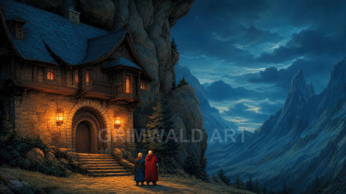 A lantern-lit stone inn built into a cliff overlooks a moonlit mountain valley, while two cloaked travellers approach under a cloudy blue night sky.