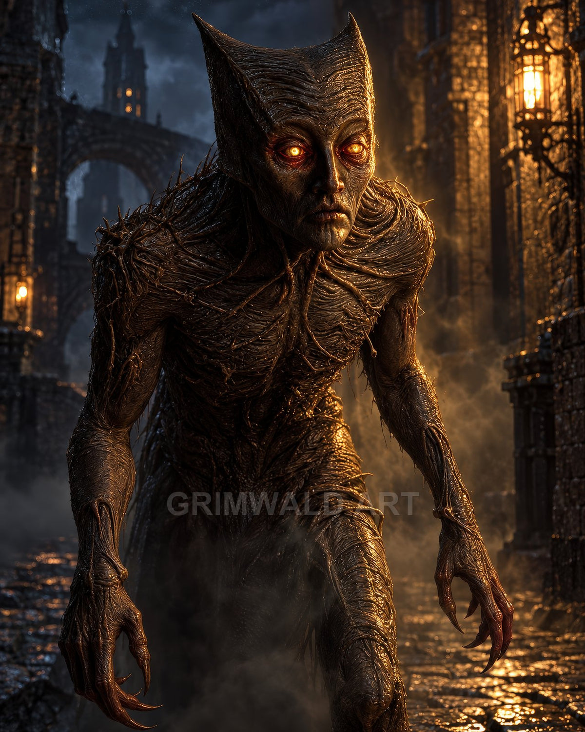 A gaunt demonic figure with glowing eyes and clawed hands stalks a foggy, lantern-lit gothic city street at night, wet cobbles gleaming.